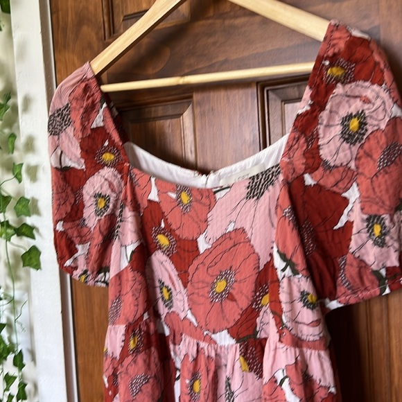 LOFT Poppy Square Neck Puffed Sleeve Tiered Mini Dress in Coral - Picture 3 of 9